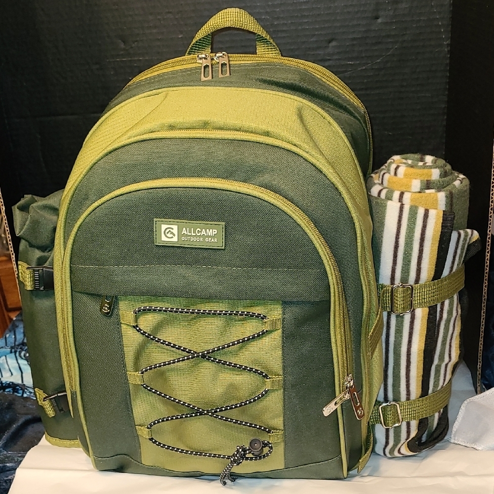 NEW All Camp 2 Person Picnic Backpack Outdoor Gear Utensils Blanket Wine Holder